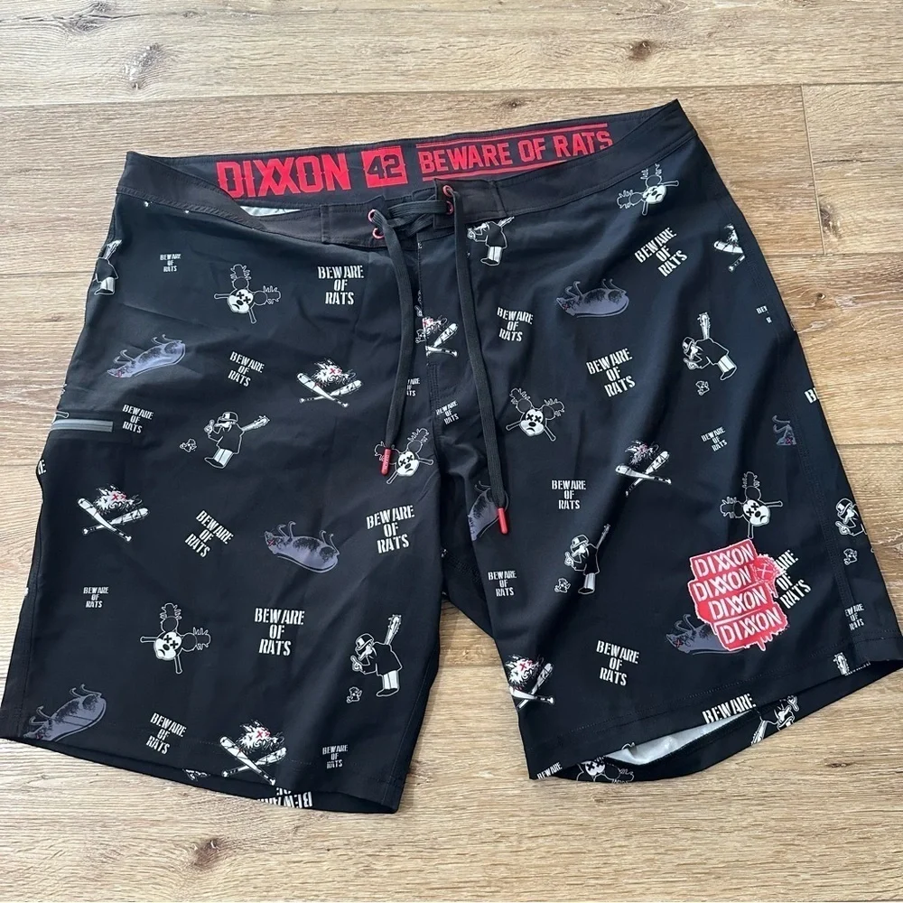DIXXON Beware Boardshorts Men’s Red, White, & Black Lightweight Trunks Sz 42 NWO